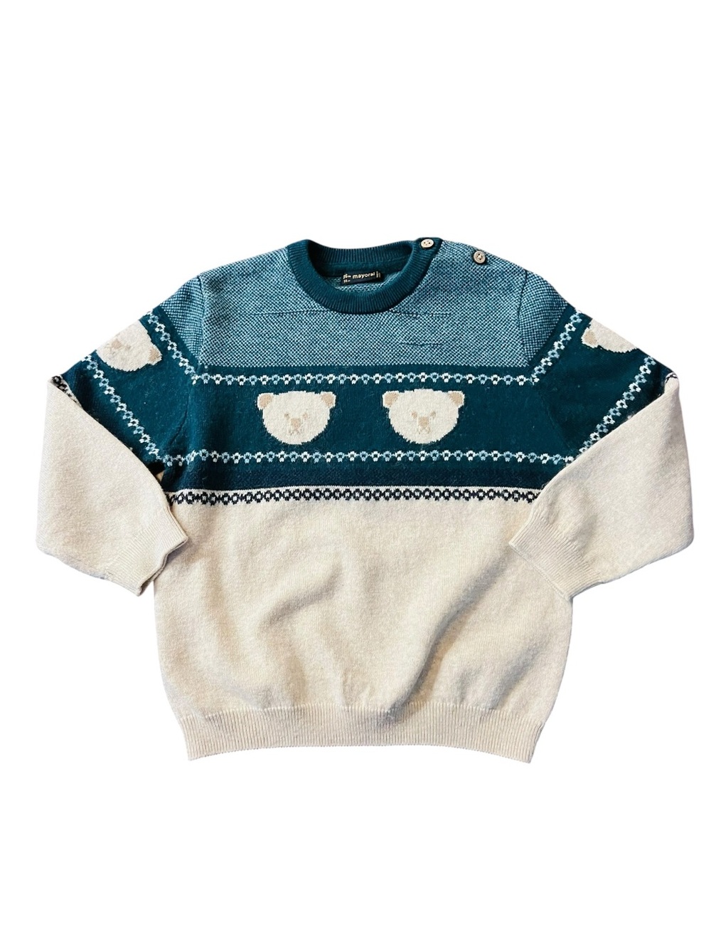 Mayoral Green and Cream Bear Motif Crewneck Sweater Size 18 Months